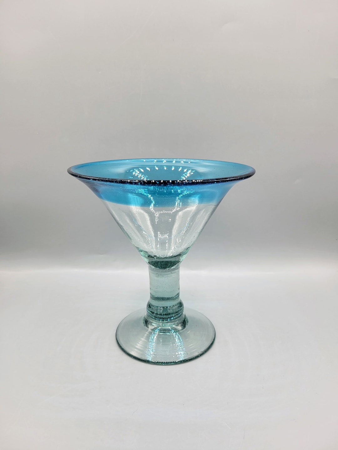 Oversized Hand Blown Margarita Glass Teal Rim With Green Seeded Bubble