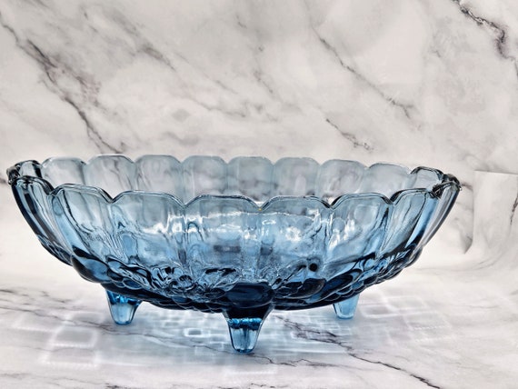 Vintage Indiana Glass Blue Garland Große 4-Fuß-Mittelstück-Obstschale ~ Deep Denim Blue Sammler Glasgeschirr ~ Boho Country Kitchen