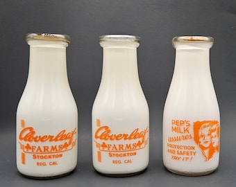 Pint Size Collectible Milk Glass Bottles ~ You Choose: Cloverleaf Farms or Peplau's Dairy w Cardboard Caps ~ Country Farmhouse Home Decor