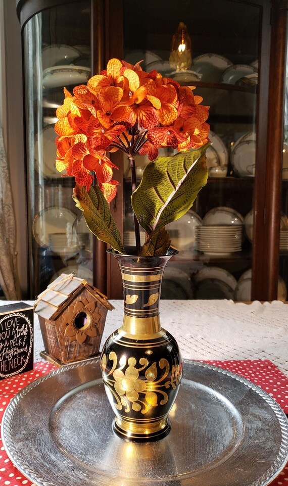 Vintage Black Enamel on Brass Asian Etched Floral Vase ~ Mid Mod