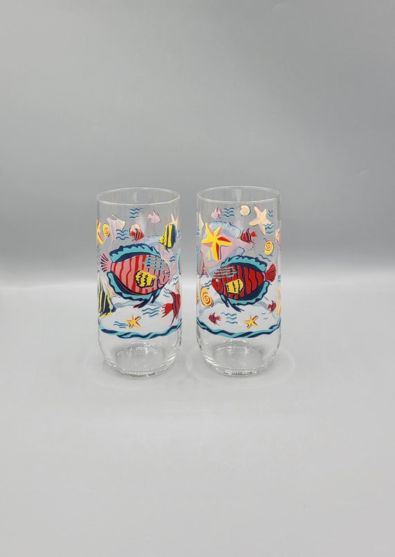 Set of 3 Colorful Fish Everyday Use Drinking Glasses Beachy Vibes Glassware  Tropical Style Fish & Starfish Lake House, Fun at Shore 