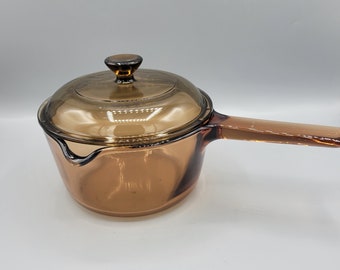 Vintage Amber Brown Corning Visions Glass Cookware ~ 1 Liter Saucepan with Lid & Spout ~ Noodles, Tea, Rice Retro Cooking Dishes for Couple