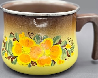 Vintage Enameled Floral Cookware ~ Brown, Avocado Green w Orange & Yellow Flowers Jug, Coffee, Soup Pot ~ Retro Colorful Diner, Prop Decor
