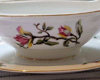 Hira Fine China、日本製エンシノ柄フローラルグレービーボート、下皿