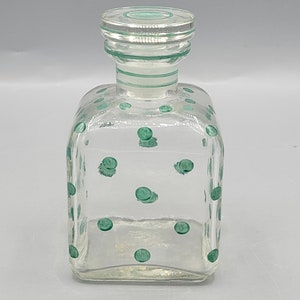 Aqua Dotted Vintage Perfume Bottle ~ Squared Glass Jar with Original Stopper ~ Art Deco Vanity Bottle for Essential Oils, Perfume Collector