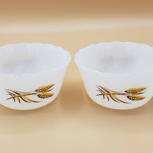 May include: Two white ceramic bowls with a wheat design. The bowls have a scalloped edge and are ideal for serving desserts or snacks.