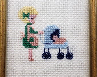 Vintage Mother & Baby Carriage Mini Completed Cross Stitch ~ Golden Framed Artwork ~ 4.75 x 3.75" ~ Nursery Wall Art ~ Unique Gift for Mom