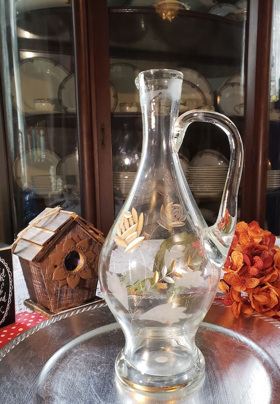 Romanian Handblown Glass Pitcher, Ewer ~ Clear With Gold Leaf