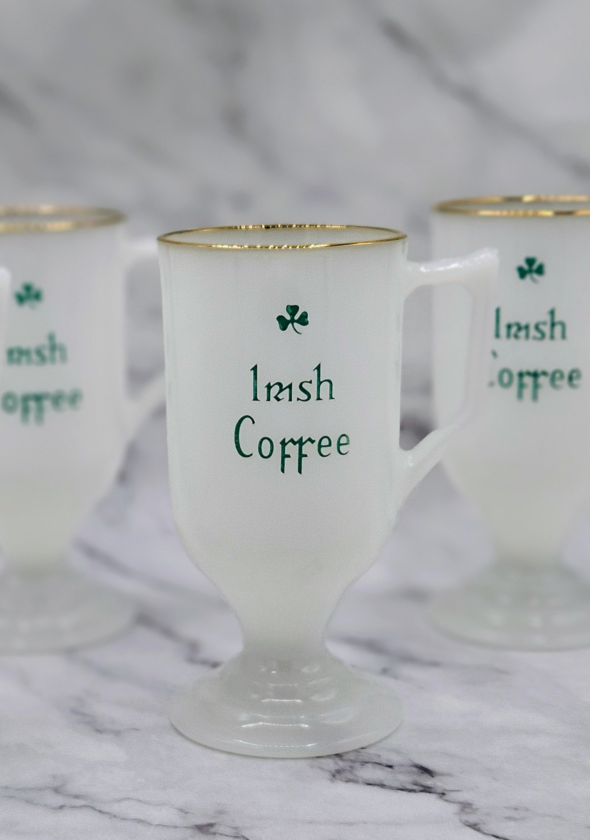 Federal Glass Set of 4 Milk Glass Irish Coffee Pedestal Mugs, Green Shamrocks & Gold Rim ~ St Patrick's Day Celebration, Retro Dinner Party
