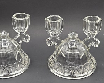 Mid Century Imperial Glass Crocheted Crystal Pair Double Light Candlestick Holders ~ Scrolls, Triangles, Bell Motif ~ MCM Home Decor, Gifts