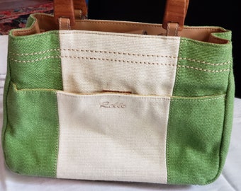 Vintage Relic Handbag ~ Green & Cream Canvas Tote, Rounded Wooden Handles ~ Bohemian, Eclectic Retro Style Boho Color Block Small Purse, Bag