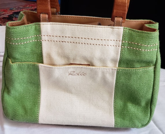 Vintage Relic Handbag Green & Cream Canvas Tote Rounded 