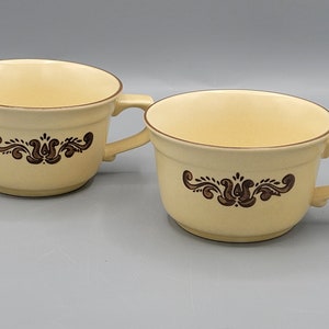Pfaltzgraff Village Old American Stoneware Dinnerware ~ Cream Amish Style Dishes Brown Tulip Stencil ~ YOU CHOOSE: Flat Cups or Cereal Bowls