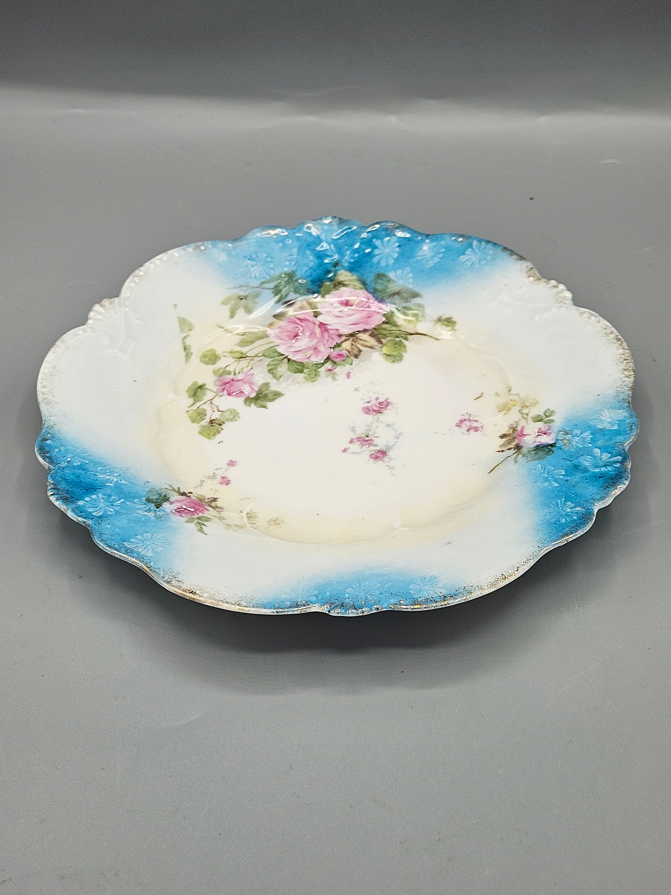 Antique Prussian Porcelain Plate Blue W Embossed Flowers ~ Pink 