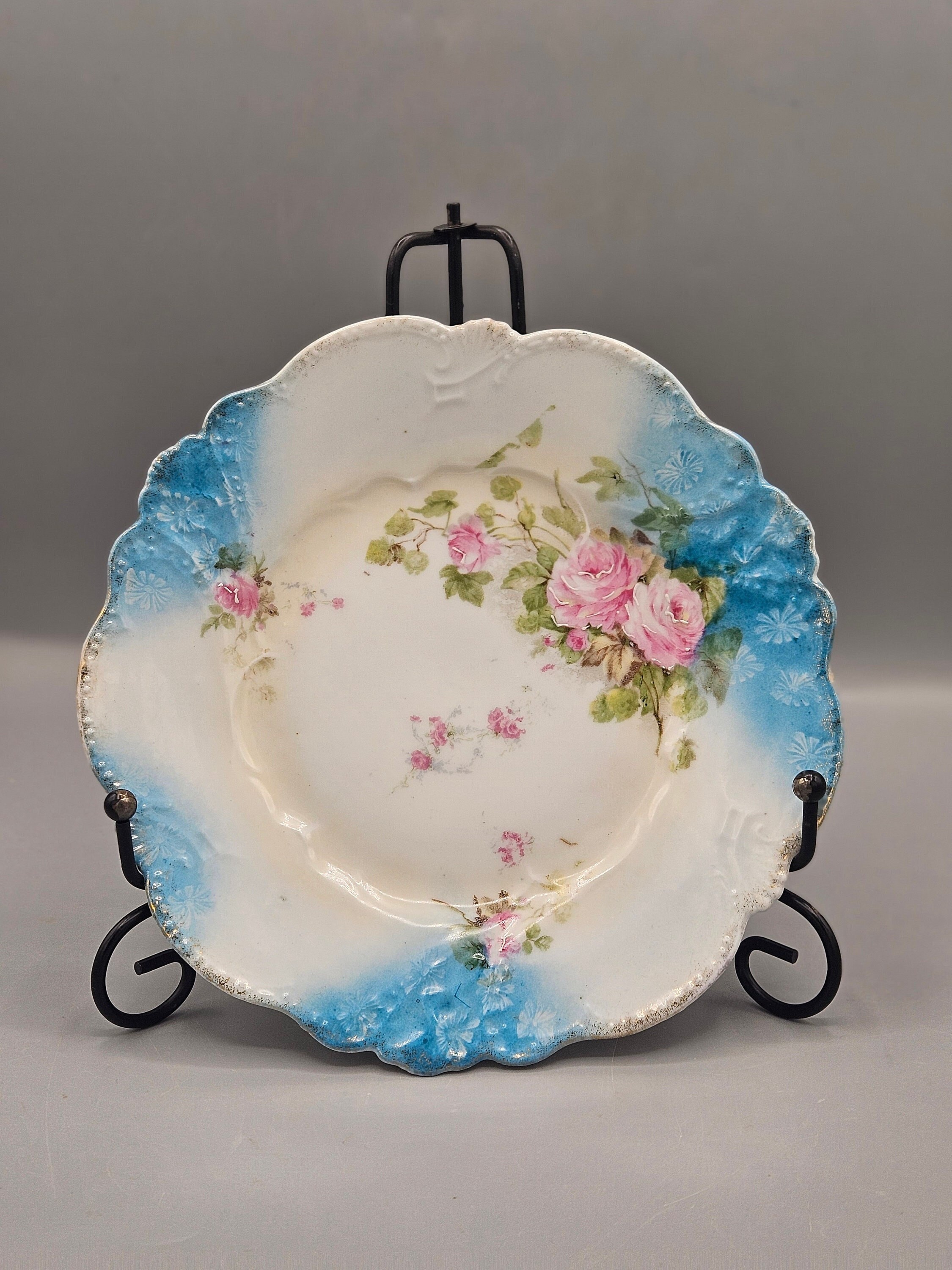 Antique Prussian Porcelain Plate Blue W Embossed Flowers ~ Pink