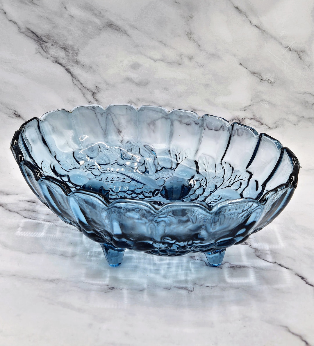 Vintage Indiana Glass Blue Garland Large 4 Footed Centerpiece