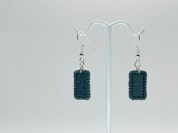 Prussian blue hand-embroidered rectangle dangle earrings | Modern lightweight handmade geometric jewelry