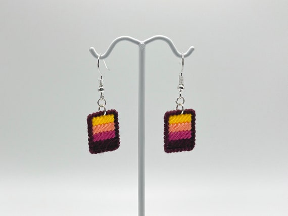 Magenta sunrise hand-embroidered striped dangle earrings | Modern lightweight handmade geometric jewelry