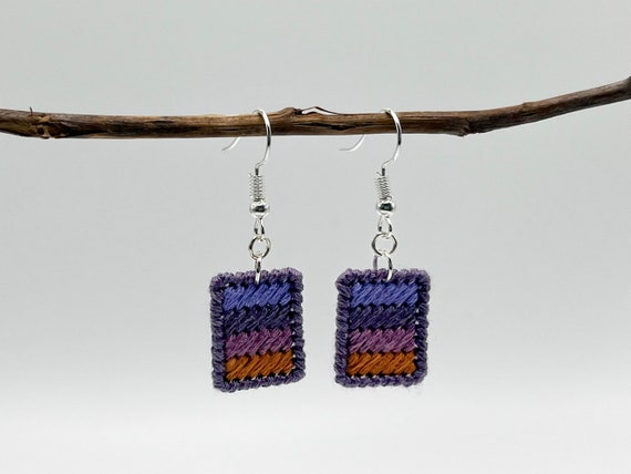 Purple trail hand-embroidered striped dangle earrings | Modern lightweight handmade geometric jewelry