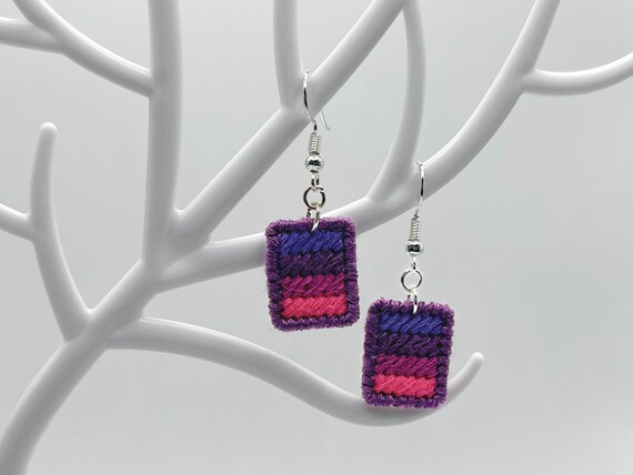 Purple dance hand-embroidered striped dangle earrings | Modern lightweight handmade geometric jewelry