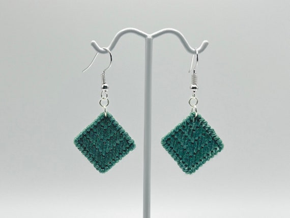Forest green chevron hand-embroidered dangle earrings | Modern lightweight handmade geometric jewelry