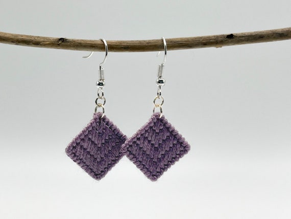 Dark lavender chevron hand-embroidered dangle earrings | Modern lightweight handmade geometric jewelry
