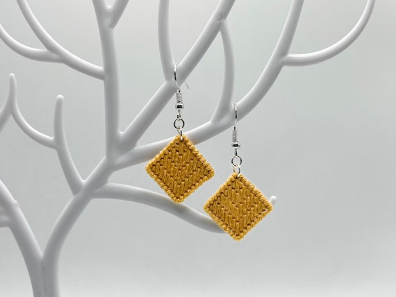 Trombone yellow chevron hand-embroidered dangle earrings | Modern lightweight handmade geometric jewelry