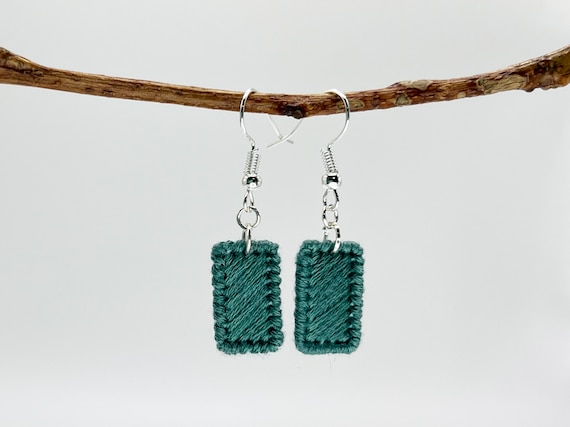 Forest green hand-embroidered rectangle dangle earrings | Modern lightweight handmade geometric jewelry