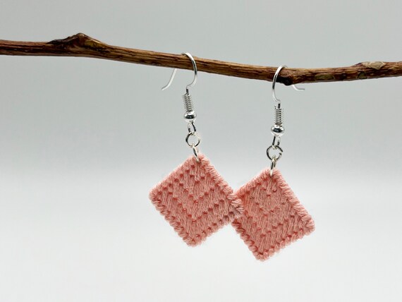 Dusty rose chevron hand-embroidered dangle earrings | Modern lightweight handmade geometric jewelry