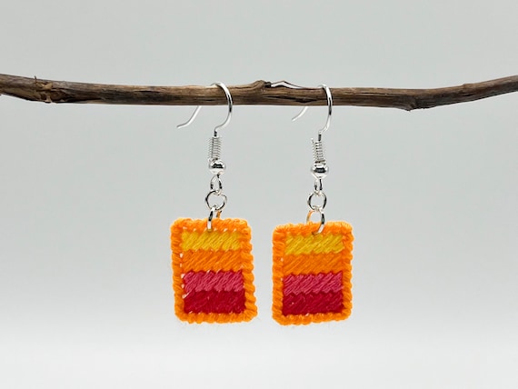 Bright sunset hand-embroidered striped dangle earrings | Modern lightweight handmade geometric jewelry