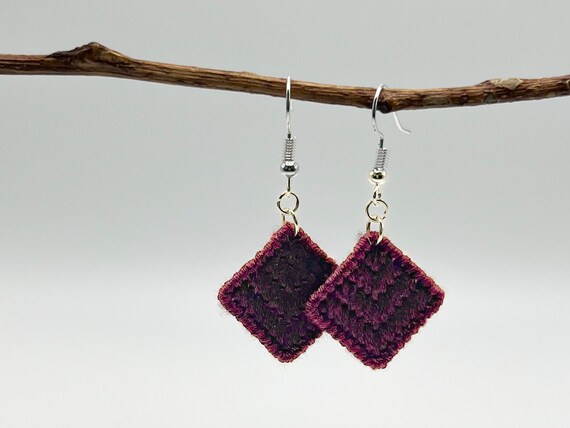 Mulberry purple chevron hand-embroidered dangle earrings | Modern lightweight handmade geometric jewelry