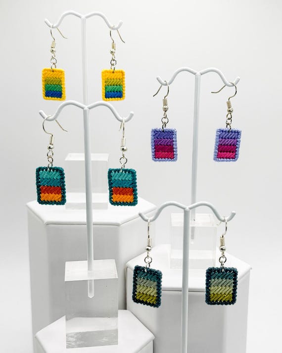 Colorful striped hand-embroidered dangle earrings