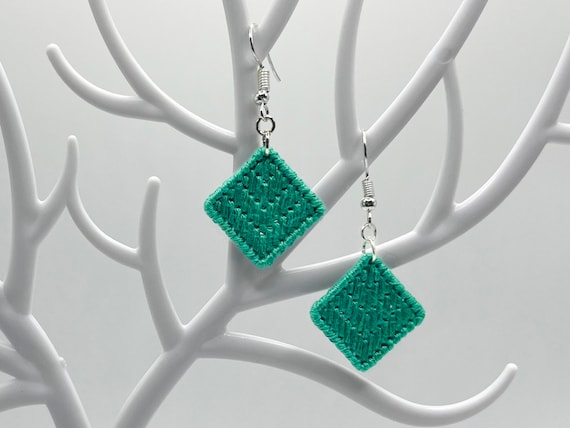 Teal green chevron hand-embroidered dangle earrings | Modern lightweight handmade geometric jewelry