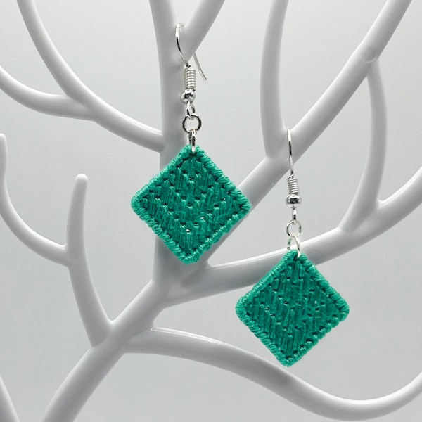 Teal green chevron hand-embroidered dangle earrings | Modern lightweight handmade geometric jewelry