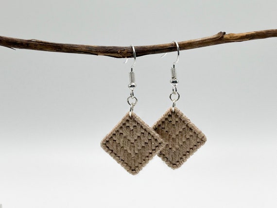 Light brown chevron hand-embroidered dangle earrings | Modern lightweight handmade geometric jewelry