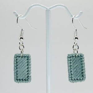 Light teal hand-embroidered rectangle dangle earrings | Modern lightweight handmade geometric jewelry