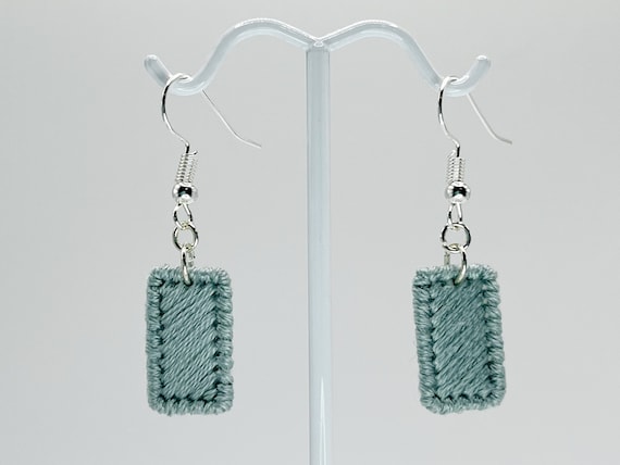 Light teal hand-embroidered rectangle dangle earrings | Modern lightweight handmade geometric jewelry
