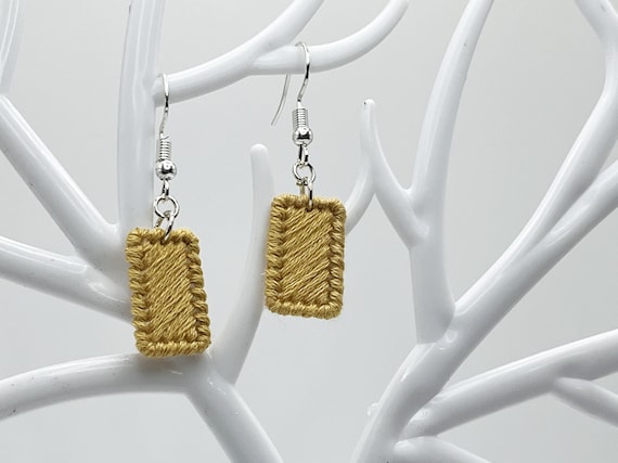 Trombone yellow hand-embroidered rectangle dangle earrings | Modern lightweight handmade geometric jewelry