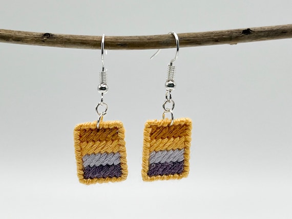Purple fields hand-embroidered striped dangle earrings | Modern lightweight handmade geometric jewelry