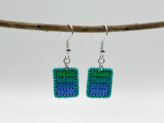 Lake blue hand-embroidered striped dangle earrings | Modern lightweight handmade geometric jewelry