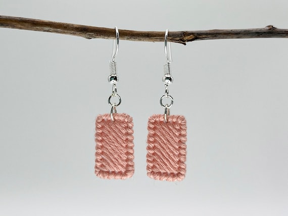 Dusty rose hand-embroidered rectangle dangle earrings | Modern lightweight handmade geometric jewelry