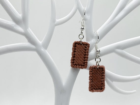 Brick red hand-embroidered rectangle dangle earrings | Modern lightweight handmade geometric jewelry