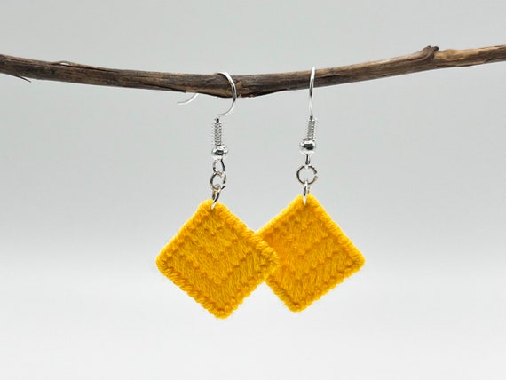 Bright yellow chevron hand-embroidered dangle earrings | Modern lightweight handmade geometric jewelry