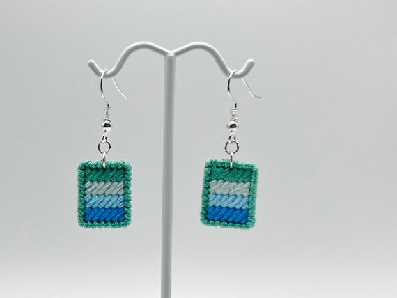 Sea foam hand-embroidered striped dangle earrings | Modern lightweight handmade geometric jewelry