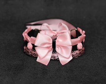 Pink Collar choker for women slut bdsm collar pet play collar lace necklace bow flower pink Abdl choker maid anime kitten play choker