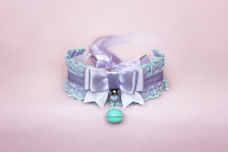 Pink DDLG choker bell ddlg Kitten Play Collar Lace Choker BDSM Collar bdsm Kitten choker abdl kink bdsm daddys girl pet play collar sex toys Lavender & Mint