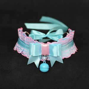 Pink DDLG choker bell ddlg Kitten Play Collar Lace Choker BDSM Collar bdsm Kitten choker abdl kink bdsm daddys girl pet play collar sex toys Blue & Pink