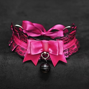 Pink DDLG choker bell ddlg Kitten Play Collar Lace Choker BDSM Collar bdsm Kitten choker abdl kink bdsm daddys girl pet play collar sex toys Magenta & Black