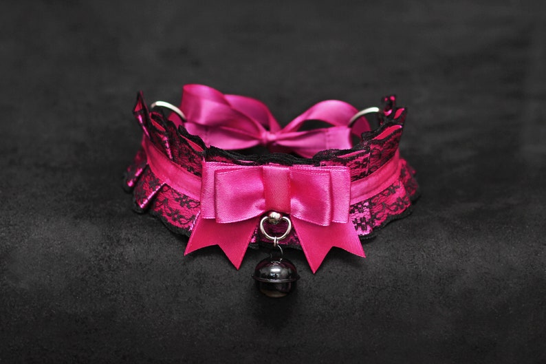 Pink DDLG choker bell ddlg Kitten Play Collar Lace Choker BDSM Collar bdsm Kitten choker abdl kink bdsm daddys girl pet play collar sex toys Magenta & Black