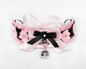 Gargantilla rosa DDLG con campana, collar de encaje para juegos de gatitos, collar BDSM, gargantilla de gatitos, abdl, kink, bdsm, collar de juego para mascotas para papás y niñas, juguetes sexuales